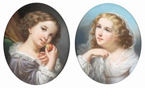Jean Baptiste Greuze, Cerchia di - a) Fanciulla con frutto rosso; b) Fanciulla con velo. Coppia di disegni