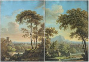 Andrea Locatelli, Ambito di - a) Paesaggio con castello e corso d'acqua; b) Paesaggio con corso d'acqua e fontana. Coppia di tempere