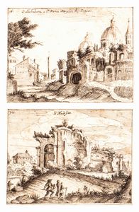 Giovanni Battista Mercati - a) Veduta della Suburra con Santa Maria Maggiore sullo sfondo; b) Rovine classiche nei pressi di San Pietro in Vincoli. Coppia di disegni
