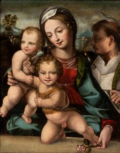 Artista senese, XVI secolo - Madonna con il Bambino, San Giovannino e San Pietro martire