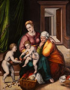 Giulio  Pippi  Giulio Romano, Cerchia di - Madonna con Bambino, Sant'Anna e San Giovaninno, Madonna della gatta