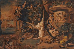 Jan Baptist  Weenix, nei modi di - Natura morta di frutta con cacciagione e leprotto appeso a un ramo