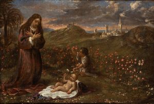 Ippolito Scarsella Scarsellino, Attribuito a - La Madonna e San Giovannino in adorazione del Bambino, Madonna delle rose