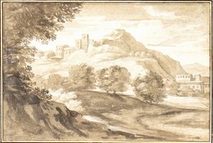 Alessio De Marchis, Attribuito a - Paesaggio con fiume e castello sullo sfondo