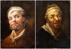 Artista olandese, XVII secolo - a) Ritratto di uomo con barba; b) Ritratto di uomo con berretto. Coppia di ritratti grotteschi