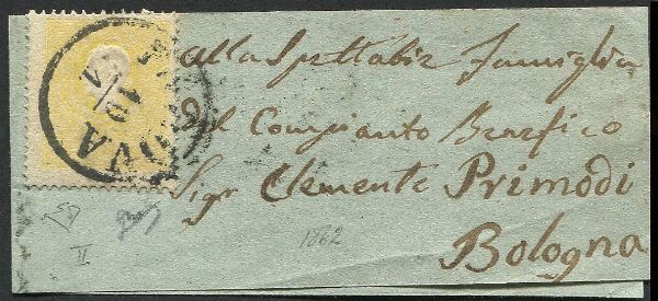1862, Lombardo Veneto, piccola fascetta per giornali da Padova per Bologna del 10 gennaio 1862  - Asta Filatelia - Associazione Nazionale - Case d'Asta italiane