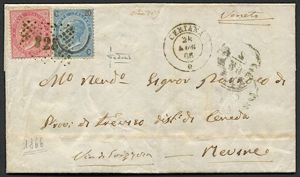 1866, Regno dItalia, Lettera da Ceriana (Imperia) per Revine (Treviso) del 24 luglio 1866  - Asta Filatelia - Associazione Nazionale - Case d'Asta italiane