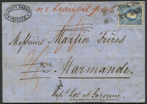 1860, Austria, lettera da Trieste per Marmande (Fr.) del 9 o 10 giugno 1860  - Asta Filatelia - Associazione Nazionale - Case d'Asta italiane