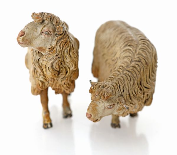 Montone e pecora belante in terracotta policroma  - Asta Dalla Collezione Antonio Latini e altre provenienze Antichi Pastori da Presepe, Accessori e libri sul tema - Associazione Nazionale - Case d'Asta italiane