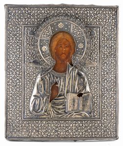 ANDREI MIKHAILOVITCH POSTNIKOV - Icona russa raffigurante Cristo Pantocratore con riza in argento