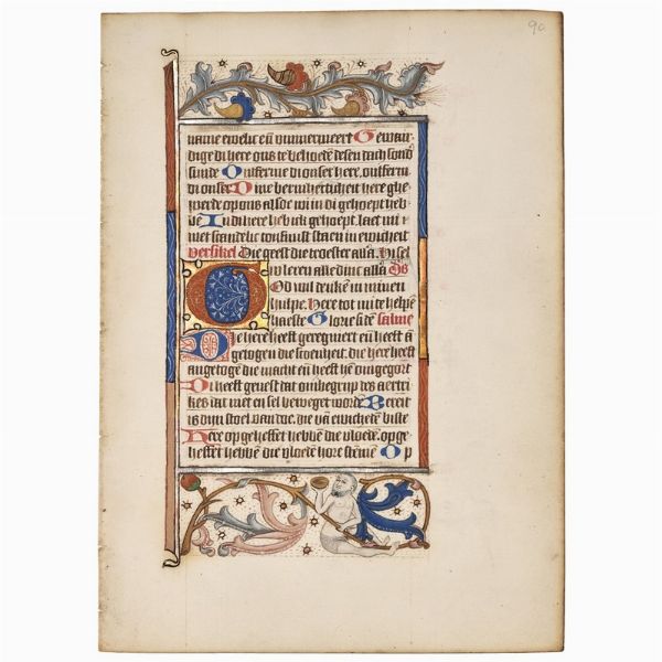 Foglio miniato   (188 x 135 mm) da piccolo libro d’ore fiammingo, fine del XV secolo, bella decorazione floreale policroma in alto e in basso, con graziosa figurina, dettagli in oro e argento, iniziale miniata in rosso, blu e oro di 2 per 2,5 centimetri, altre letterine in rosso o blu, lettera gotica.  - Asta LIBRI, MANOSCRITTI E AUTOGRAFI - Associazione Nazionale - Case d'Asta italiane