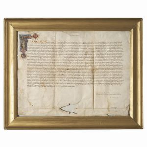 (Mantova)   Francesco II Gonzaga (1466-1519), IV marchese di Mantova. Donazione perpetua di piena proprietà di appezzamento di terra nel territorio di Mantova. Mantova, 30 novembre 1485.  - Asta LIBRI, MANOSCRITTI E AUTOGRAFI - Associazione Nazionale - Case d'Asta italiane