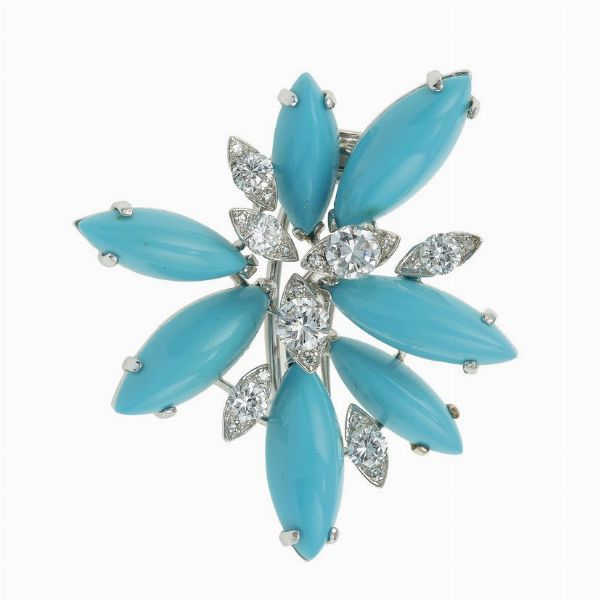 Spilla con turchesi e piccoli diamanti  - Asta Fine Jewels - Associazione Nazionale - Case d'Asta italiane