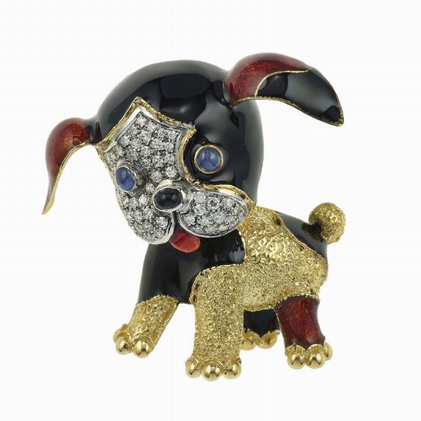 Frascarolo. Spilla cagnolino con zaffiri, piccoli diamanti smalti policromi  - Asta Fine Jewels - Associazione Nazionale - Case d'Asta italiane