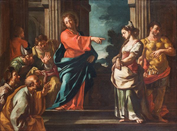 cerchia di Francesco Solimena (Canale di Serino 1657 - Barra 1747) : Cristo e l'adultera  - Asta Antiquariato, Dipinti antichi e del XIX secolo - Associazione Nazionale - Case d'Asta italiane