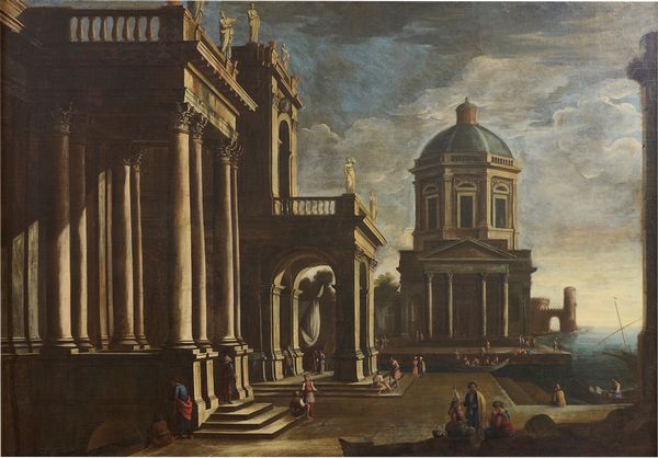 attribuito a  Alessandro Salucci (attivo a Firenze nel XVII secolo) e Michelangelo Cerquozzi (Roma, 1602 - 1666) : a) Capriccio architettonico con porticato ionico e edificio con cupola sullo sfondo ; b) Capriccio architettonico in un animato porto e ruderi sullo sfondo  - Asta Antiquariato, Dipinti antichi e del XIX secolo - Associazione Nazionale - Case d'Asta italiane