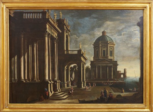 attribuito a  Alessandro Salucci (attivo a Firenze nel XVII secolo) e Michelangelo Cerquozzi (Roma, 1602 - 1666) : a) Capriccio architettonico con porticato ionico e edificio con cupola sullo sfondo ; b) Capriccio architettonico in un animato porto e ruderi sullo sfondo  - Asta Antiquariato, Dipinti antichi e del XIX secolo - Associazione Nazionale - Case d'Asta italiane