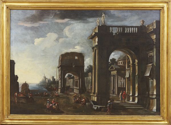 attribuito a  Alessandro Salucci (attivo a Firenze nel XVII secolo) e Michelangelo Cerquozzi (Roma, 1602 - 1666) : a) Capriccio architettonico con porticato ionico e edificio con cupola sullo sfondo ; b) Capriccio architettonico in un animato porto e ruderi sullo sfondo  - Asta Antiquariato, Dipinti antichi e del XIX secolo - Associazione Nazionale - Case d'Asta italiane