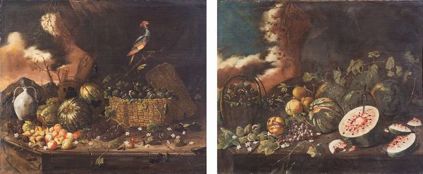 Monogrammista 'FDG', attivo alla fine XVII secolo : a) Un orcio, una cesta di fichi, angurie e frutti vari con un pappagallo su un ramo en plain air, ; b) Cesto di fichi, angurie, melograni e uva con tralci di fiori en plain air  - Asta Antiquariato, Dipinti antichi e del XIX secolo - Associazione Nazionale - Case d'Asta italiane