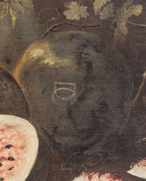 Monogrammista 'FDG', attivo alla fine XVII secolo : a) Un orcio, una cesta di fichi, angurie e frutti vari con un pappagallo su un ramo en plain air, ; b) Cesto di fichi, angurie, melograni e uva con tralci di fiori en plain air  - Asta Antiquariato, Dipinti antichi e del XIX secolo - Associazione Nazionale - Case d'Asta italiane