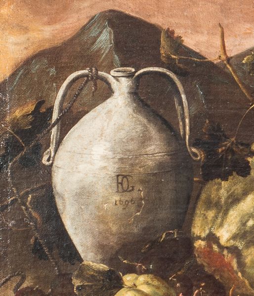 Monogrammista 'FDG', attivo alla fine XVII secolo : a) Un orcio, una cesta di fichi, angurie e frutti vari con un pappagallo su un ramo en plain air, ; b) Cesto di fichi, angurie, melograni e uva con tralci di fiori en plain air  - Asta Antiquariato, Dipinti antichi e del XIX secolo - Associazione Nazionale - Case d'Asta italiane