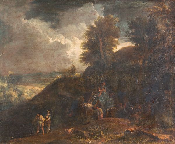 Scuola napoletana, XVII secolo : Paesaggio con figure ed armenti  - Asta Antiquariato, Dipinti antichi e del XIX secolo - Associazione Nazionale - Case d'Asta italiane