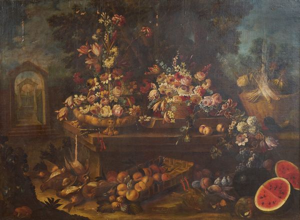 Giacomo Nani (Porto Ercole, 1698 – Napoli, 1755) : Trionfo di fiori e frutta con animali da cacciagione entro ricco giardino  - Asta Antiquariato, Dipinti antichi e del XIX secolo - Associazione Nazionale - Case d'Asta italiane