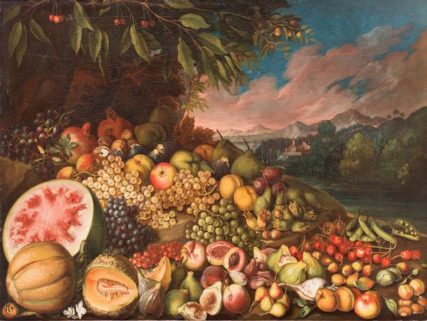 Scuola napoletana, fine XVII inizi XVIII secolo : Anguria, melone, fichi e altri frutti su un piano en plein air  - Asta Antiquariato, Dipinti antichi e del XIX secolo - Associazione Nazionale - Case d'Asta italiane