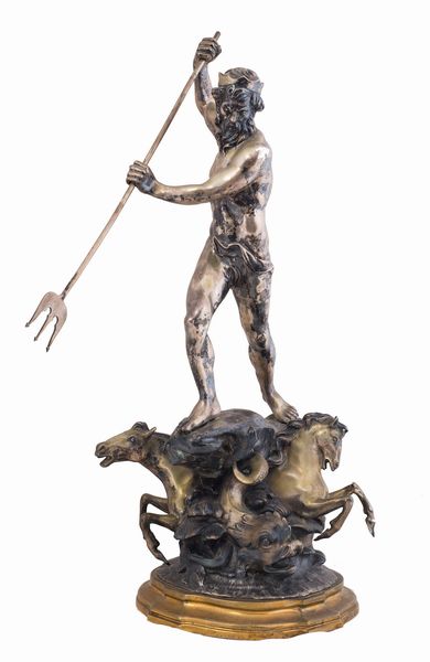 Luigi Avolio (attivo a Napoli tra il 1935 e il 1971) : Nettuno in lotta con cavalli e animali marini  - Asta Antiquariato, Dipinti antichi e del XIX secolo - Associazione Nazionale - Case d'Asta italiane