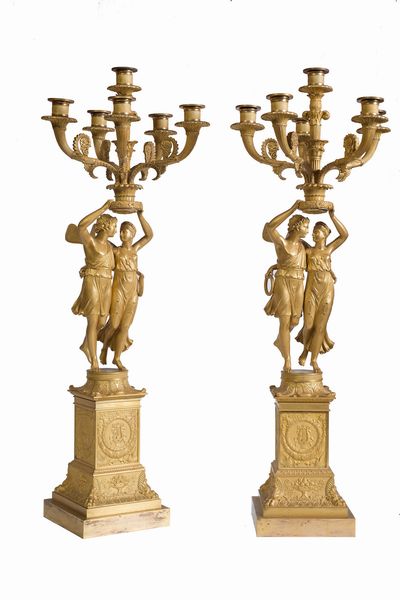 Importante coppia di candelabri a sei luci in bronzo dorato, Francia o Milano, 1815  - Asta Antiquariato, Dipinti antichi e del XIX secolo - Associazione Nazionale - Case d'Asta italiane