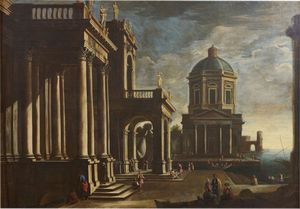 attribuito a  Alessandro Salucci (attivo a Firenze nel XVII secolo) e Michelangelo Cerquozzi (Roma, 1602 - 1666) - a) Capriccio architettonico con porticato ionico e edificio con cupola sullo sfondo ; b) Capriccio architettonico in un animato porto e ruderi sullo sfondo