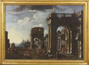 attribuito a  Alessandro Salucci (attivo a Firenze nel XVII secolo) e Michelangelo Cerquozzi (Roma, 1602 - 1666) : a) Capriccio architettonico con porticato ionico e edificio con cupola sullo sfondo ; b) Capriccio architettonico in un animato porto e ruderi sullo sfondo  - Asta Antiquariato, Dipinti antichi e del XIX secolo - Associazione Nazionale - Case d'Asta italiane
