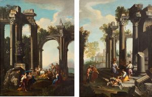 attribuito ad Andrea  Locatelli (Roma 1695-1741) - Architetture con ruderi e figure