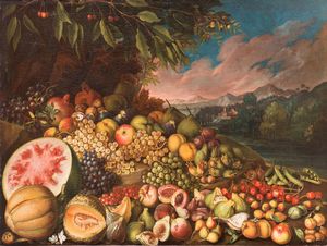 Scuola napoletana, fine XVII inizi XVIII secolo - Anguria, melone, fichi e altri frutti su un piano en plein air