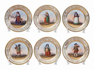 Manifattura francese dipinta a Napoli, 1830 ca - Sei piatti in porcellana policroma