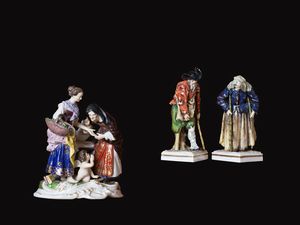 Meissen, XIX secolo - Lotto unico di un gruppo plastico e due figurine in porcellana policroma