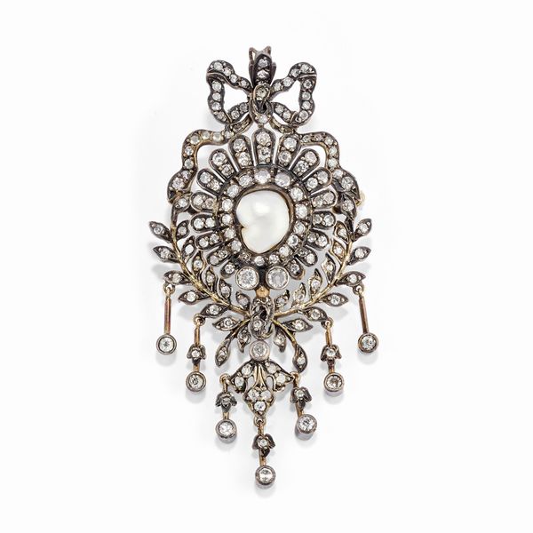 Spilla pendente con diamanti e perla  - Asta Gioielli - Associazione Nazionale - Case d'Asta italiane