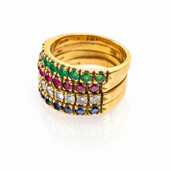 Anello in oro, brillanti, rubini, zaffiri e smeraldi  - Asta Asta Gioielli e Orologi - Associazione Nazionale - Case d'Asta italiane
