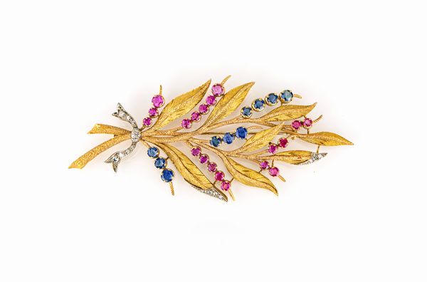 Spilla in oro, diamanti, zaffiri e rubini  - Asta Asta Gioielli e Orologi - Associazione Nazionale - Case d'Asta italiane