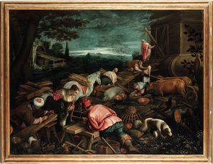 Leandro Da Ponte detto Leandro Bassano - La costruzione dell'arca di Noè<BR>Il sacrificio di Noè