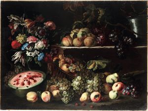 Abraham Brueghel, Attribuito a - Natura morta con trionfo di fiori e frutti