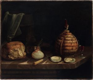 Sebastian Stoskopff, Cerchia di - Natura in posa con pane, ostriche e fiasco