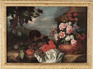 Bartolomeo Ligozzi - Paesaggio con scoiattolo, vaso di fiori e frutti