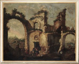 Antonio Travi detto il Sestri, Attribuito a - Paesaggio con palazzo nobiliare in rovina e figure