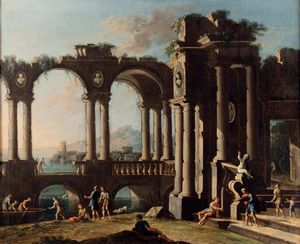 Francesco Battaglioli, Attribuito a - Capriccio con porticato e figure