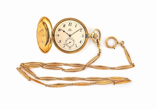 Omega, orologio da tasca in oro savonette con catena in oro  - Asta Importanti Orologi da Polso e da Tasca - Associazione Nazionale - Case d'Asta italiane