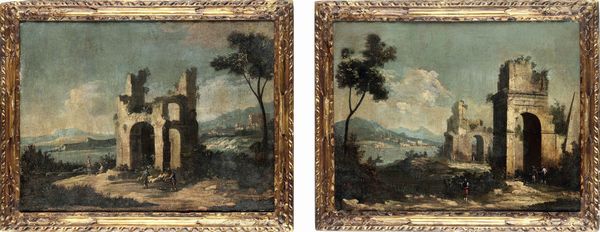 Scuola del XVIII secolo Capricci con rovine architettoniche e figure  - Asta Dipinti Antichi - Associazione Nazionale - Case d'Asta italiane
