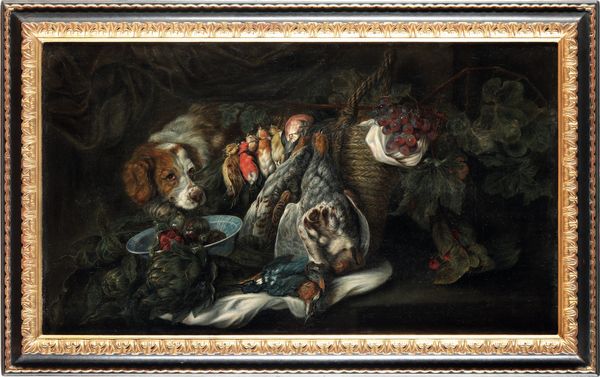 Scuola fiamminga del XVIII secolo Natura morta con ortaggi, cane e cacciagione  - Asta Dipinti Antichi - Associazione Nazionale - Case d'Asta italiane