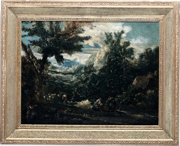Antonio Francesco Peruzzini, Attribuito a : Paesaggio con figure in riva al fiume  - Asta Dipinti Antichi - Associazione Nazionale - Case d'Asta italiane