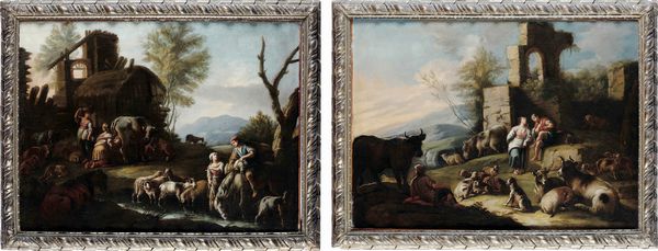 Scuola romana del XVIII secolo Paesaggi con pastori, armenti e architetture  - Asta Dipinti Antichi - Associazione Nazionale - Case d'Asta italiane